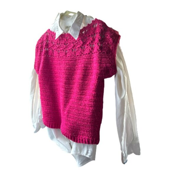 Handmade Knit Fuchsia  Pink Short Sleeve Holiday Cropped Sweater Christmas Small - Picture 6 of 6